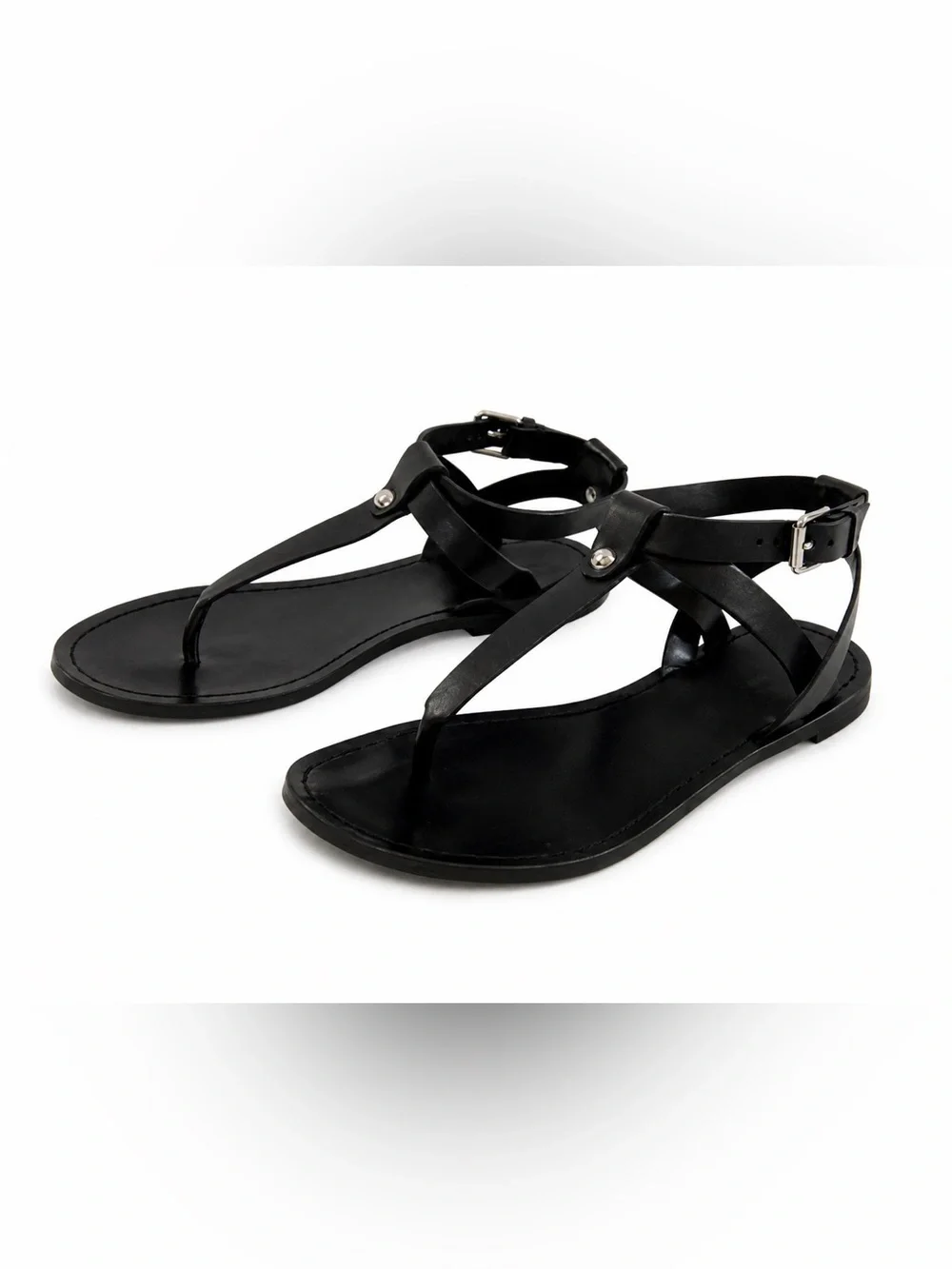 & OTHER STORIES WOMEN BLACK T FRONT GENUINE LEATHER ROMAN STYLE SANDALS.SIZE-7